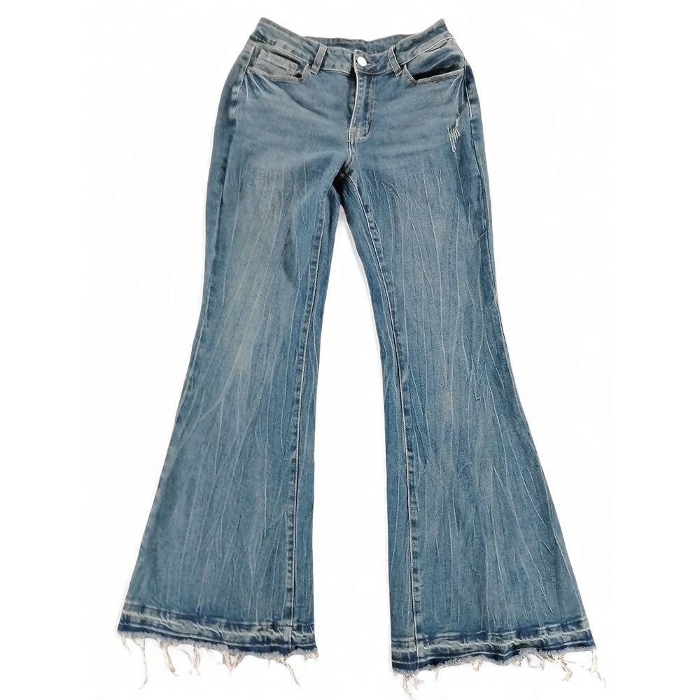 NVFelix Flare Jeans M Boho Streetwear Mid Rise Denim Raw Step Hem Embroidered